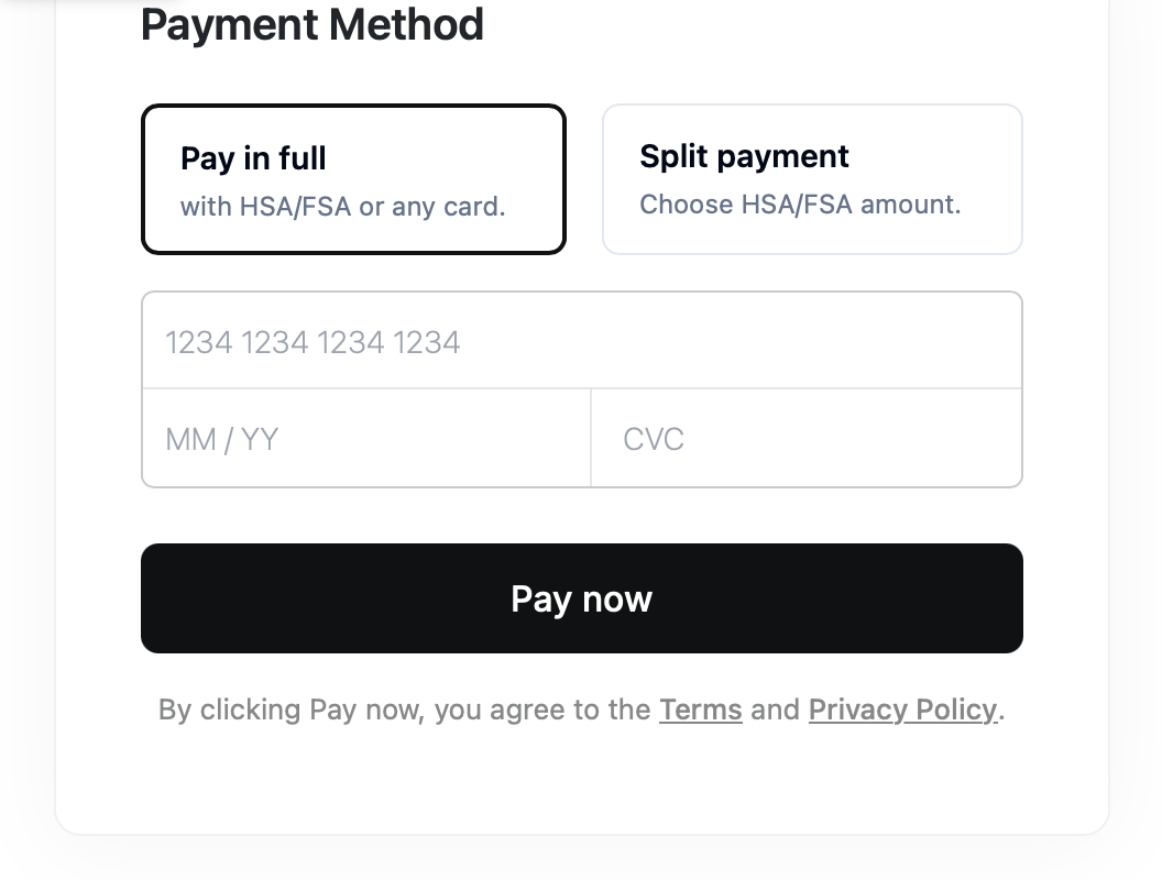 A payment screen offering a choice between paying in full with an HSA or FSA card or any card, and splitting the payment to choose how much goes on the HSA or FSA card, with card fields and a Pay now button.