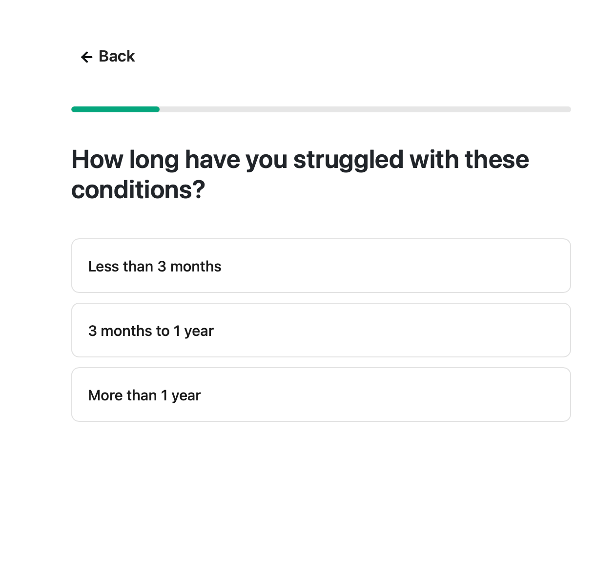 A checkout question screen with a progress bar and three answer choices.